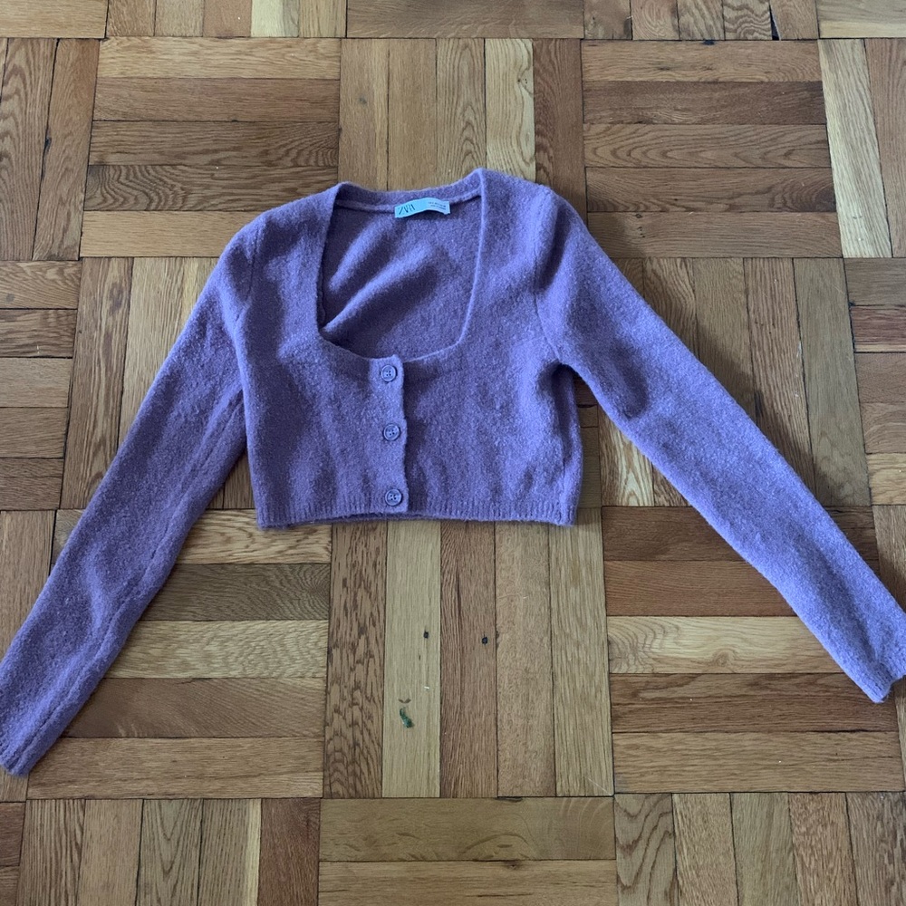 Zara lilac purple cropped button up cardigan. SO FUZZY and cozy! :)

l